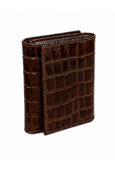 Basics&More Genuine Leather Crocodile Patterned Dark Brown Mini Wallet