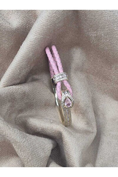 Lujeria Rose Baget, Taşlı Pembe Örme Deri Detaylı Kelepçe Bileklik
