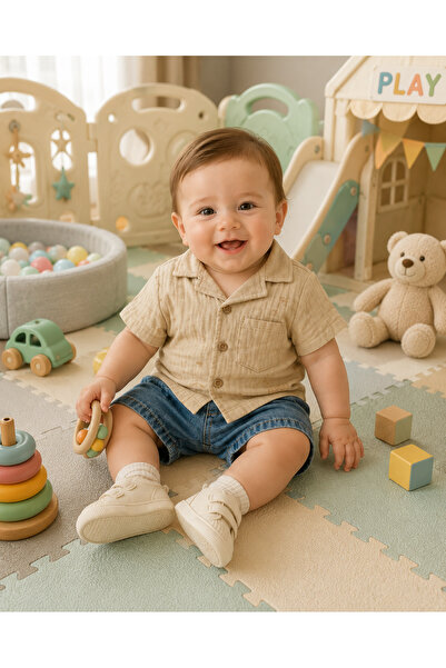 MİNİKİNCİBABY طقم شورت جينز مع قميص موسلين للأطفال الأولاد