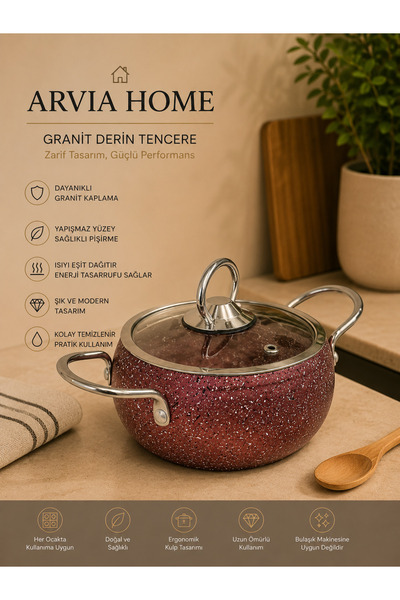 ARVİA HOME 12 Cm Granit Tencere Yanmaz Yapışmaz Mini Derin Tencere Cam Kapakl...