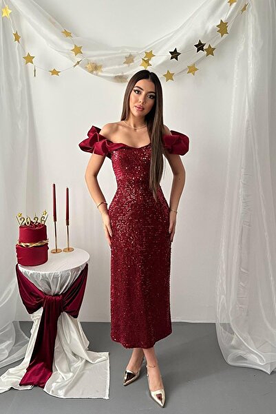 ozelia Burgundy Sequined Sleeveless Dress