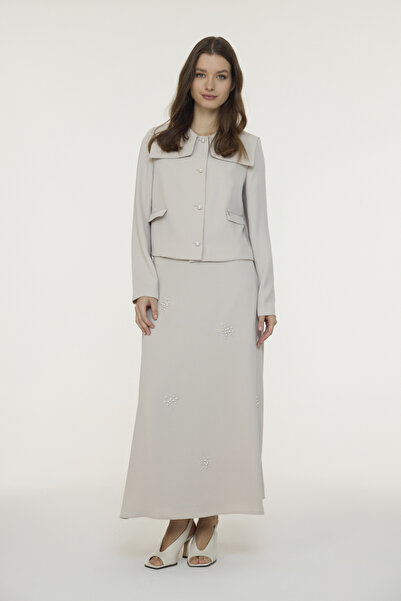 Zühre Stone Embellished Elegant Beige Suit with Short Jacket 1523