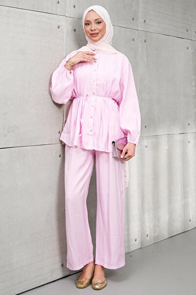 İmajButik Pink Ribbed Detailed Tunic and Pants Set