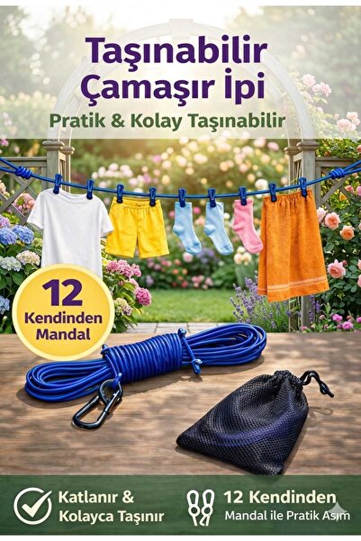 tafce Kendinden Mandallı Balkon Kamp Çamaşır Ipi | 12 Mandallı Kamp Çamaşır İpi