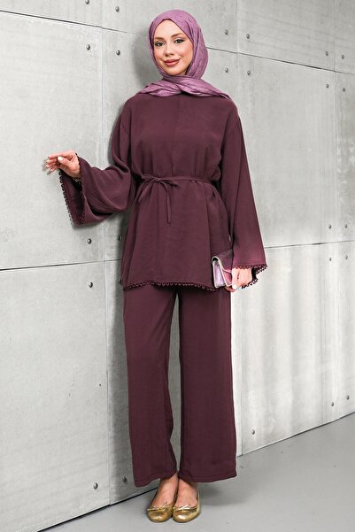 İmajButik Burgundy Waist-Tied Tunic and Trousers Set