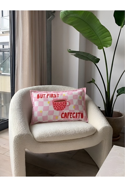 RahanDesign But First Cafecito Yazılı Pembe Damalı Çift Taraflı Süet Kırlent ...