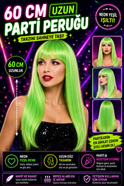 Tamsena Store Yeşil Uzun Düz Parti Peruğu 60 CM Neon Renk Sentetik Takma Saç ...