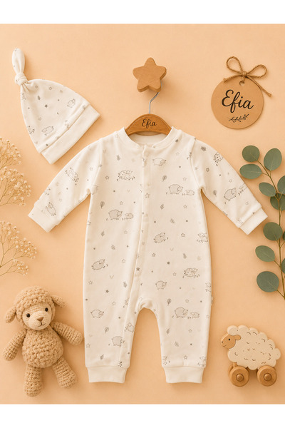 Efia Baby %100 Pamuk Kuzucuk Unisex Fermuarlı Şapkalı Bebek Tulum