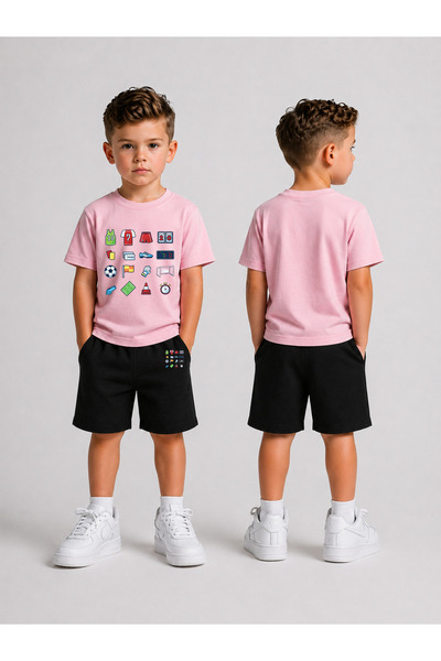 LORVEX Set tricou și pantaloni scurți pentru copii, combinație de vară din bu...