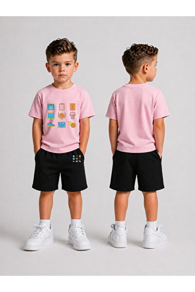 LORVEX Set tricou și pantaloni scurți pentru copii, combinație de vară din bu...