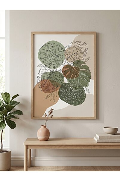 DEKORASOR Ahşap Çerçeveli Modern Deve Tabanı Tablo - Minimalist Monstera Yapr...