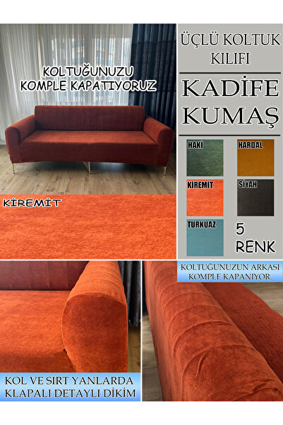İLYEVTEKSTİLİ Kadife Kumaş 1 Adet Üçlü Koltuk Kılıfı, Komple Kaplama,