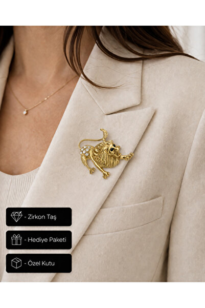 HER ŞEY NOTA www.herseynota.com Hediye Aslan Burcu Kadın Broş Gold Renk Zirko...