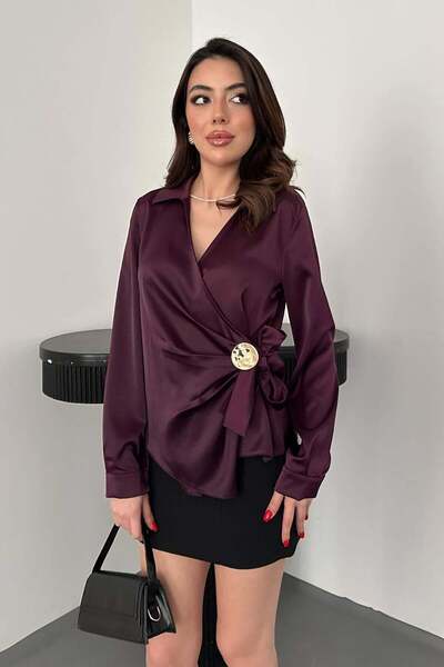 ozelia Plum Button Detailed Satin Blouse