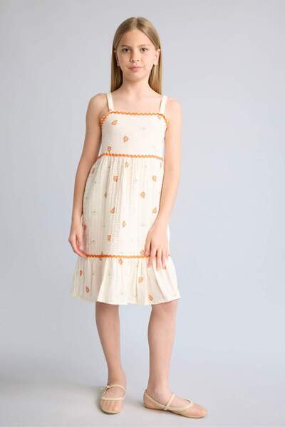 DeFacto Patterned Strappy Muslin Ecru Dress for Girls H4267A826Sm