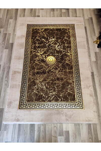 KuzeyCarpet Koyu Krem ve Kahve Renkli Gold Varaklı Peluş halı