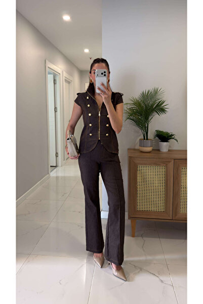 BİRCANÇİL Dutte Brown Gold Button Detailed Vest and Trousers Set