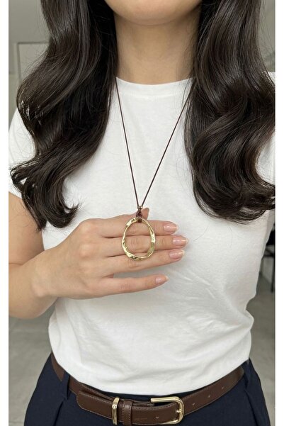 Vintage Takıhane Kahverengi Deri İpli Gold Aura Minimal Halka Kolye & Kahve İ...
