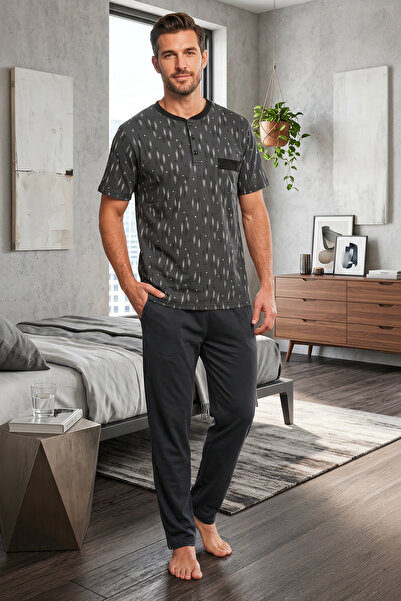 Bravie Men's Buttoned Collar Patterned Short Sleeve Slim Pajama Set with Pock...