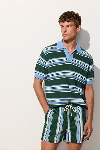 LEFTIES Erkek | Yeşil çizgili polo yaka t-shirt
