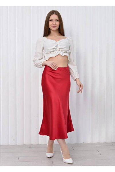 UTDU Flat Satin Skirt with Elastic Waist and Hidden Zipper on the Side