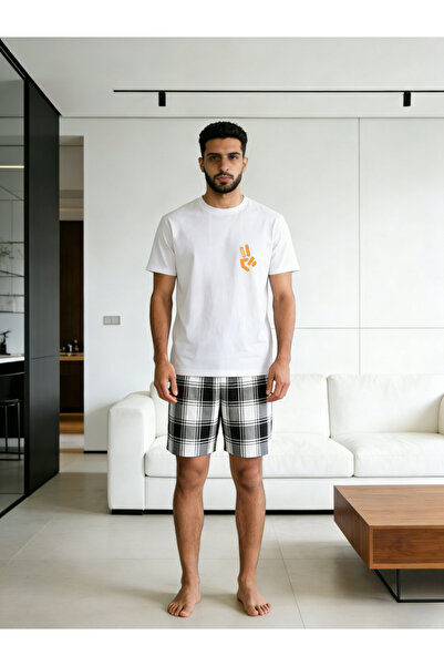 Take Two By Styli Men White T-Shirt and Checkered Shorts Pyjama Set