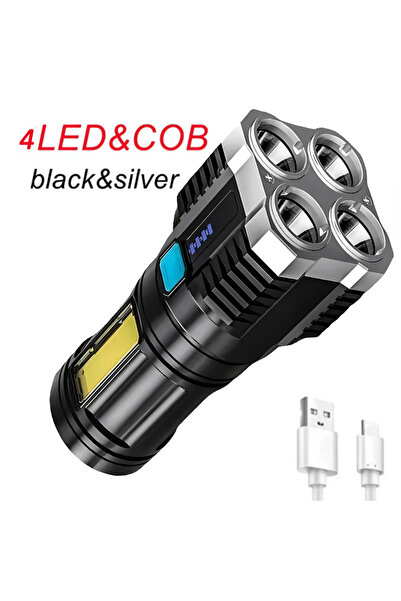 Choice1 مصباح يدوي LED فضي عالي الطاقة بـ 4 مصابيح LED قابل لإعادة الشحن مع إ...