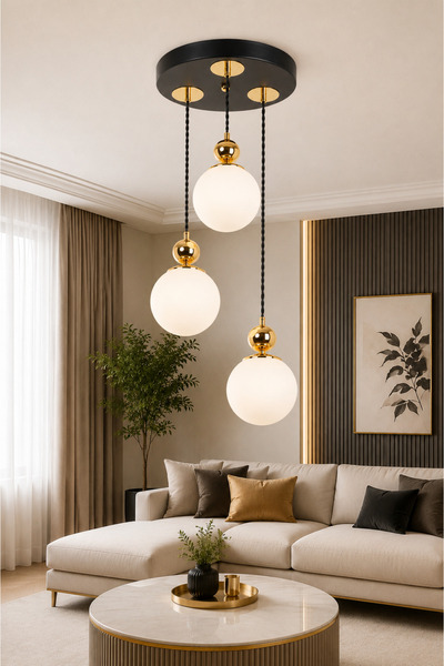 VENON Lorenza 3.Lü Sarkıt ✨ÖRGÜ KABLOLU ✨ SİYAH ✨ GOLD DETAYLI ✨ BEYAZ GLOP C...