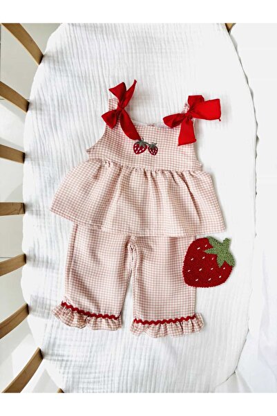 NUNU BABY Blossom Ekoseli Çilekli Takım - Somon