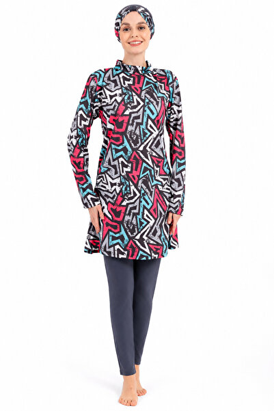 Tusebu Patterned Hijab Swimsuit Set, Includes Bonnet, Flexible Fabric, Comfor...