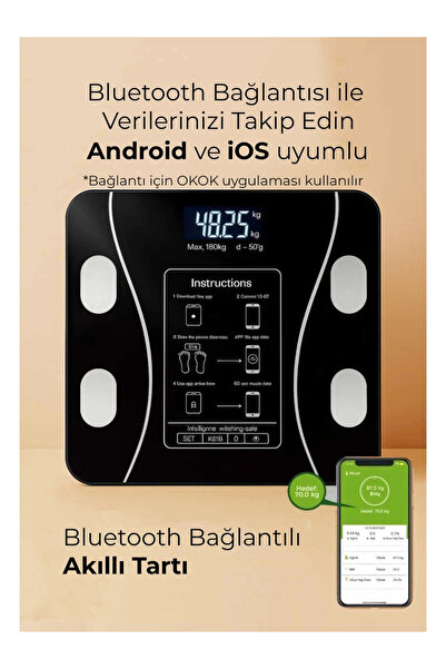 Dijital Tartı Baskül Yağ Su Kas Vücut Kitle Endeksi Kilo Ölçer Tartı Siyah