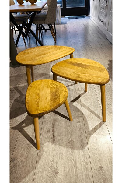 Senka Wood Doğal Masif Ahşap Modern İskandinav asimetrik 3lü Zigon sehpa takımı renk Eskitme