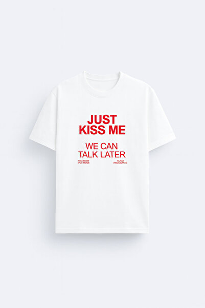 AYDESİGN Just Kiss Me Printed Cotton Fabric White T-Shirt T-Shirt