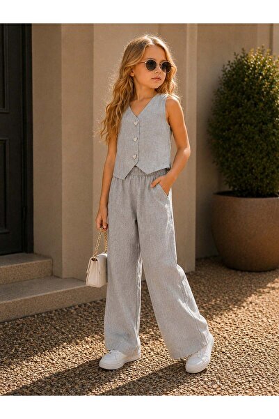 zepkids Girl's Gray Color Vest Suit with Wide-Legged Pants