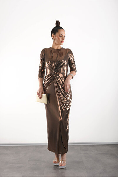Mialora Chic Evening Gown with Draped Chest, Long Sleeves, Shiny Finish, Doub...