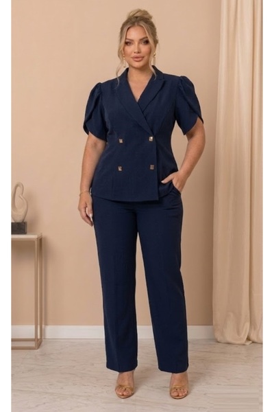 Butik Nilyam Women's Plus Size Double Breasted Collar Short Sleeve Button Det...