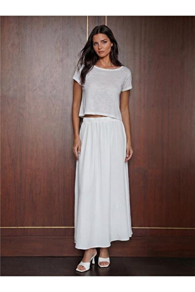 WeShaya White Ayrobin Fabric Elastic Waist Straight Cut Long Flexible Texture...
