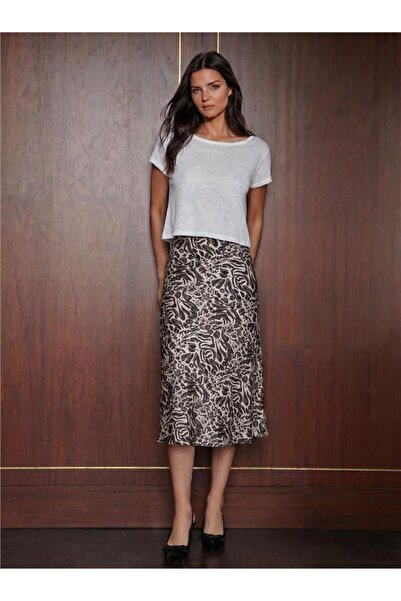 WeShaya Z.Bej Polyester Satin Fabric High Waist Straight Cut Patterned Midi L...