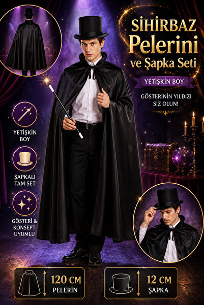 Tamsena Store Siyah Sihirbaz Pelerini ve Şapka Seti Yetişkin Boy 120 CM Kostü...