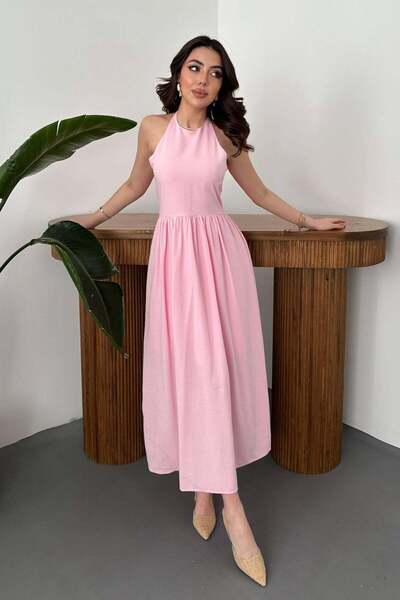 Caddebostan Moda Halter Neck Linen Maxi Dress with Gipeli Back Detail