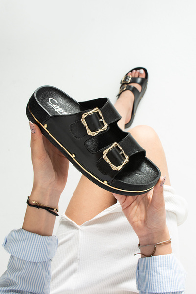 TrendWalk Women's Black Leather Double Buckle Slippers with Gold Detail, Comf...