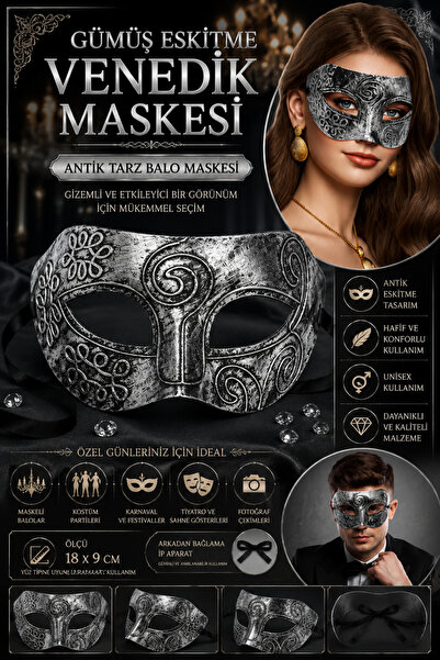 Tamsena Store Gümüş Eskitme Venedik Maskesi Unisex Antik Tarz Parti ve Balo Y...
