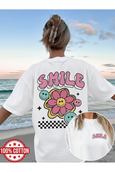 one button Smile Double-Sided Printed Premium Oversize T-Shirt