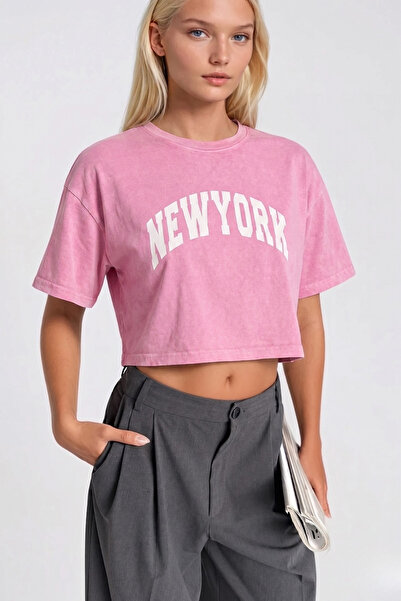 Asfaha Fashion Kadın Pembe Yıkamalı Görünüm New York Baskılı Bisiklet Yaka Ov...