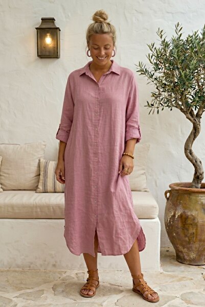 Chiccy Italian Dusty Rose Shirt Collar 3/4 Sleeve Buttoned Hidden Pocket Oval...