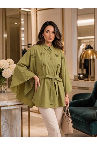 BVOİCE SELECTİONS İncili Çiçekli kuşaklı poplin panço-Yağyeşili