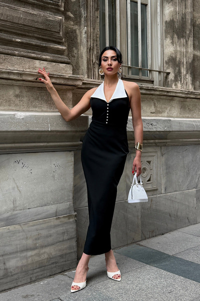 Ortaya Çık White Collar Pearl Detailed Fabric Dress