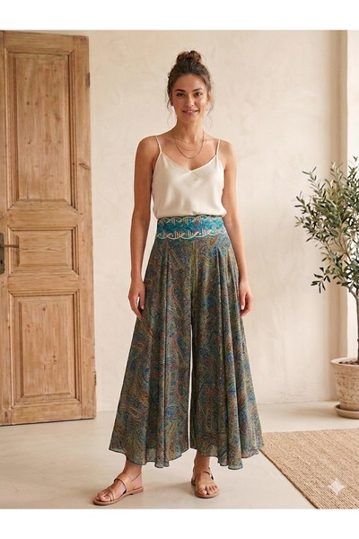AYASOFYA OTANTIK Fusta pantalon din mătase cu model etnic autentic, cu talie ...