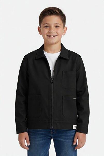 Cansın Mini Black Boy's Zippered Gabardine Long Sleeve Jacket 24125