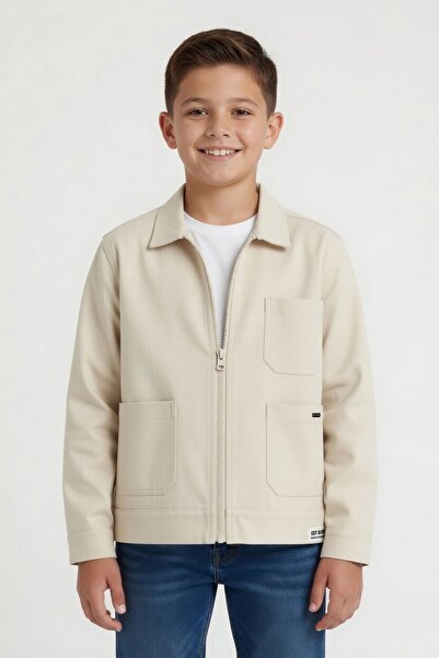 Cansın Mini Beige Boy's Zippered Gabardine Long Sleeve Jacket 24128